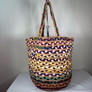 Chindi Sari Jute Raffia Fabric Woven Boho Multi Color Market Large Tote Bag EUC